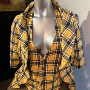 Yellow low-cut Plaid co-ord set blazer top